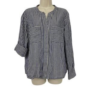 Sundance Top Womens Small Striped Button Down Shirt Roll Tab Sleeve Blue White S